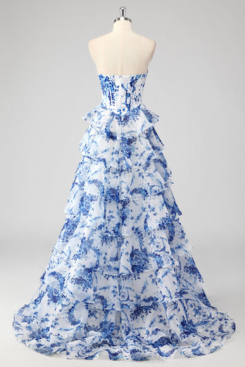 A-Linie Errötendes Herzausschnitt Korsett Langes Abendkleid mit Blumen-Print