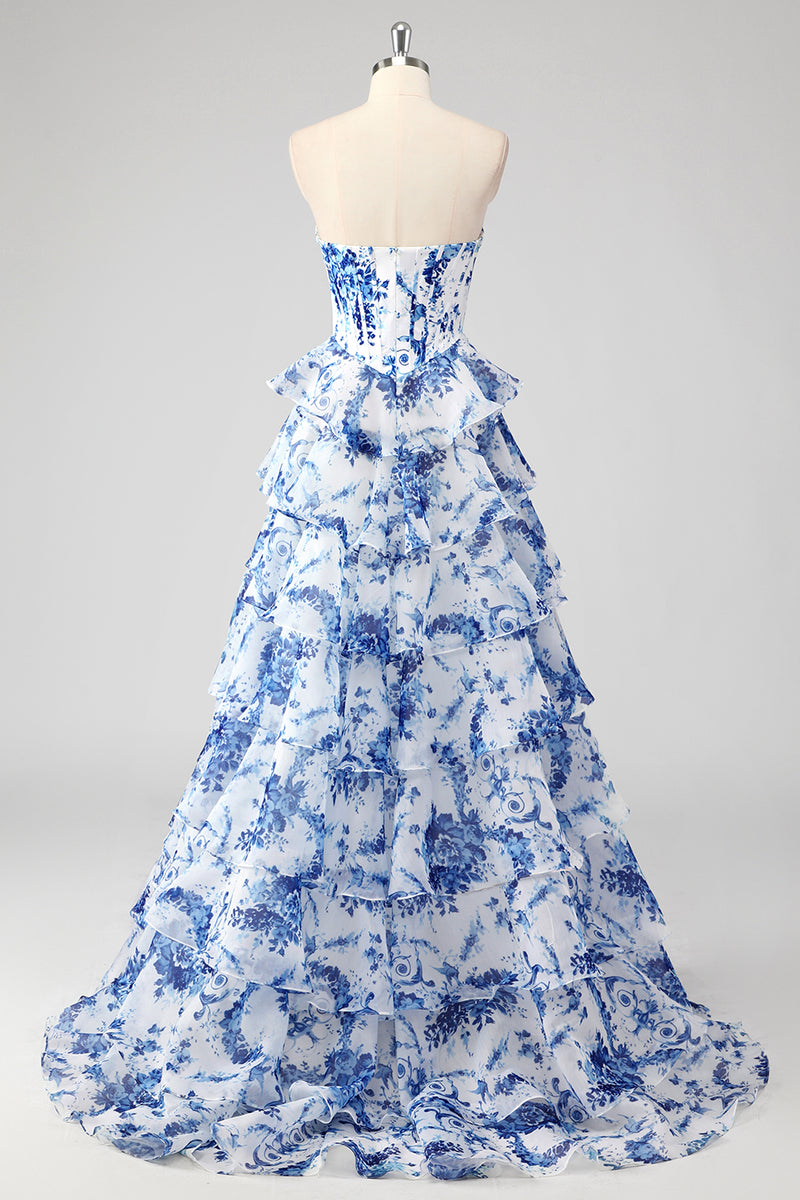 Laden Sie das Bild in den Galerie-Viewer, A-Linie Errötendes Herzausschnitt Korsett Langes Abendkleid mit Blumen-Print