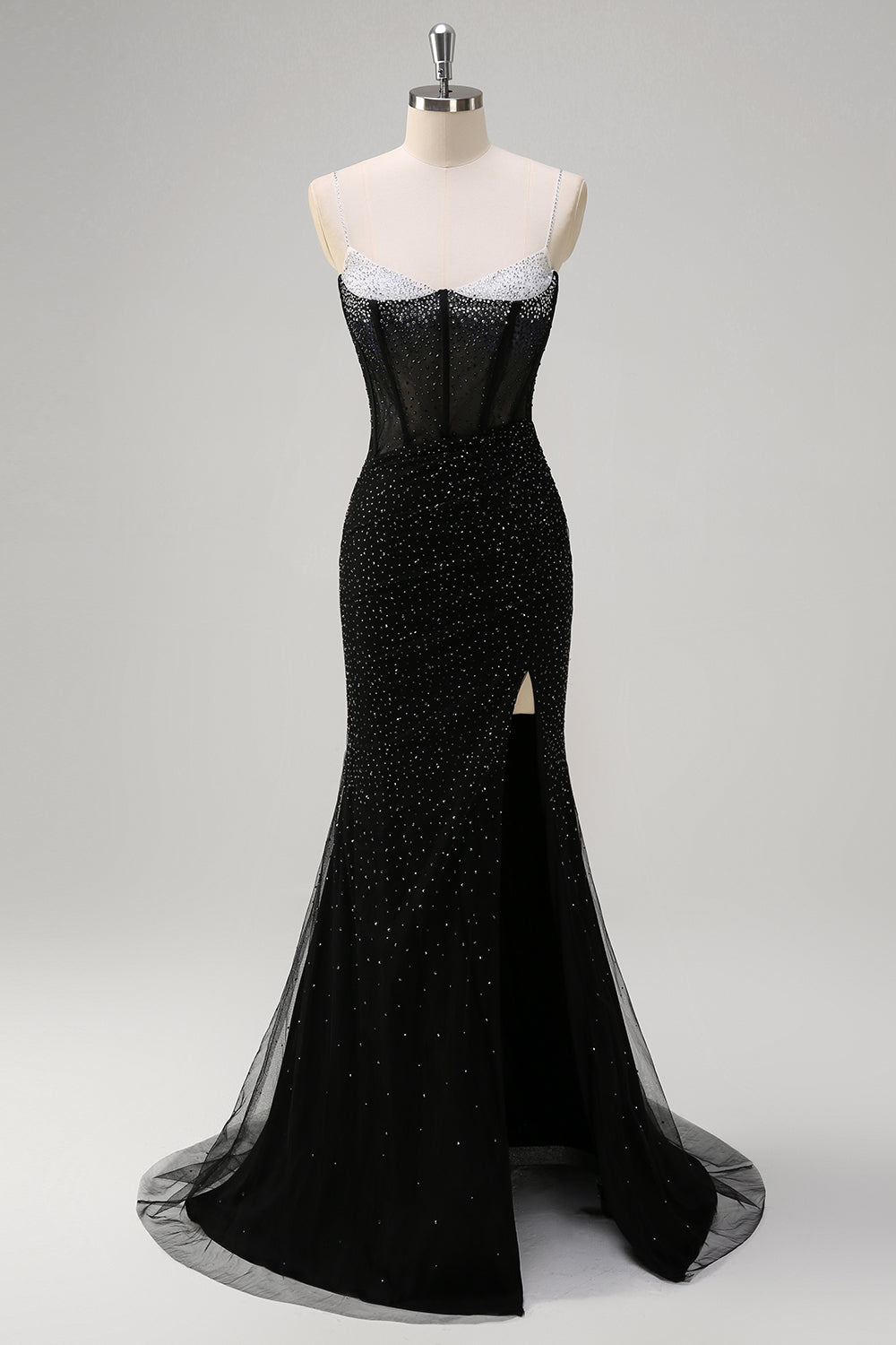 Glitzer Schwarz Meerjungfrau Spaghettiträger Korsett Langes Ballkleid mit Schlitz