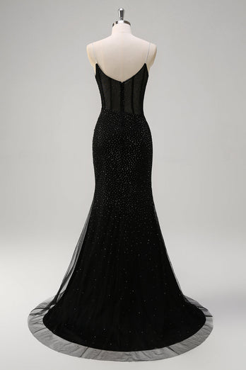 Glitzer Schwarz Meerjungfrau Spaghettiträger Korsett Langes Ballkleid mit Schlitz