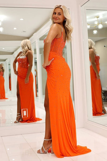 Glitzer Orange Meerjungfrau Korsett Perlen Langes Abendkleid mit Schlitz