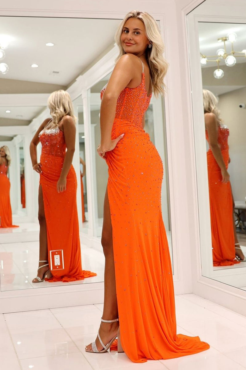 Laden Sie das Bild in den Galerie-Viewer, Glitzer Orange Meerjungfrau Korsett Perlen Langes Abendkleid mit Schlitz