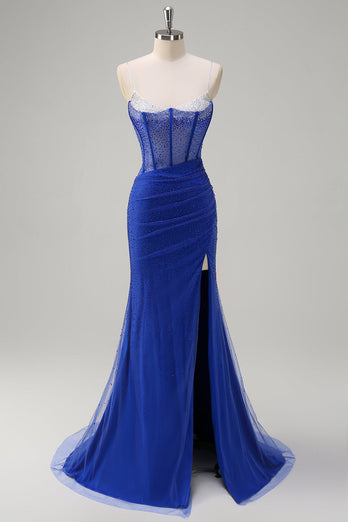 Königsblau Meerjungfrau Korsett Langes Abendkleid mit Schlitz