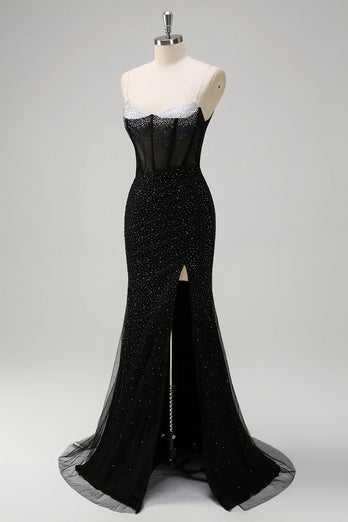 Glitzer Schwarz Meerjungfrau Spaghettiträger Korsett Langes Ballkleid mit Schlitz