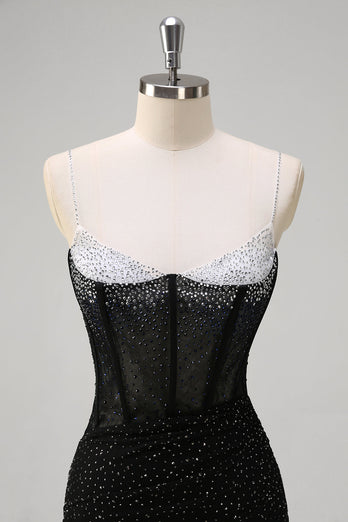 Glitzer Schwarz Meerjungfrau Spaghettiträger Korsett Langes Ballkleid mit Schlitz