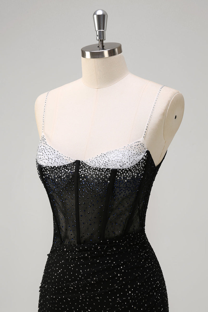 Laden Sie das Bild in den Galerie-Viewer, Glitzer Schwarz Meerjungfrau Spaghettiträger Korsett Langes Ballkleid mit Schlitz