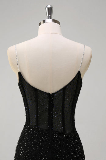 Glitzer Schwarz Meerjungfrau Spaghettiträger Korsett Langes Ballkleid mit Schlitz