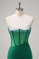 Laden Sie das Bild in den Galerie-Viewer, Glitzer Schwarz Meerjungfrau Spaghettiträger Korsett Langes Ballkleid mit Schlitz