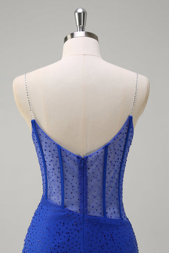 Glitzer Schwarz Meerjungfrau Spaghettiträger Korsett Langes Ballkleid mit Schlitz
