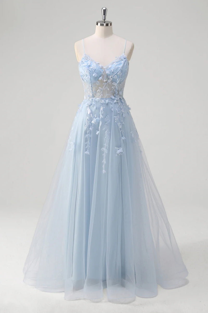 Laden Sie das Bild in den Galerie-Viewer, Blumen Blau A Linie Korsett Lange Abendkleid mit Applikationen