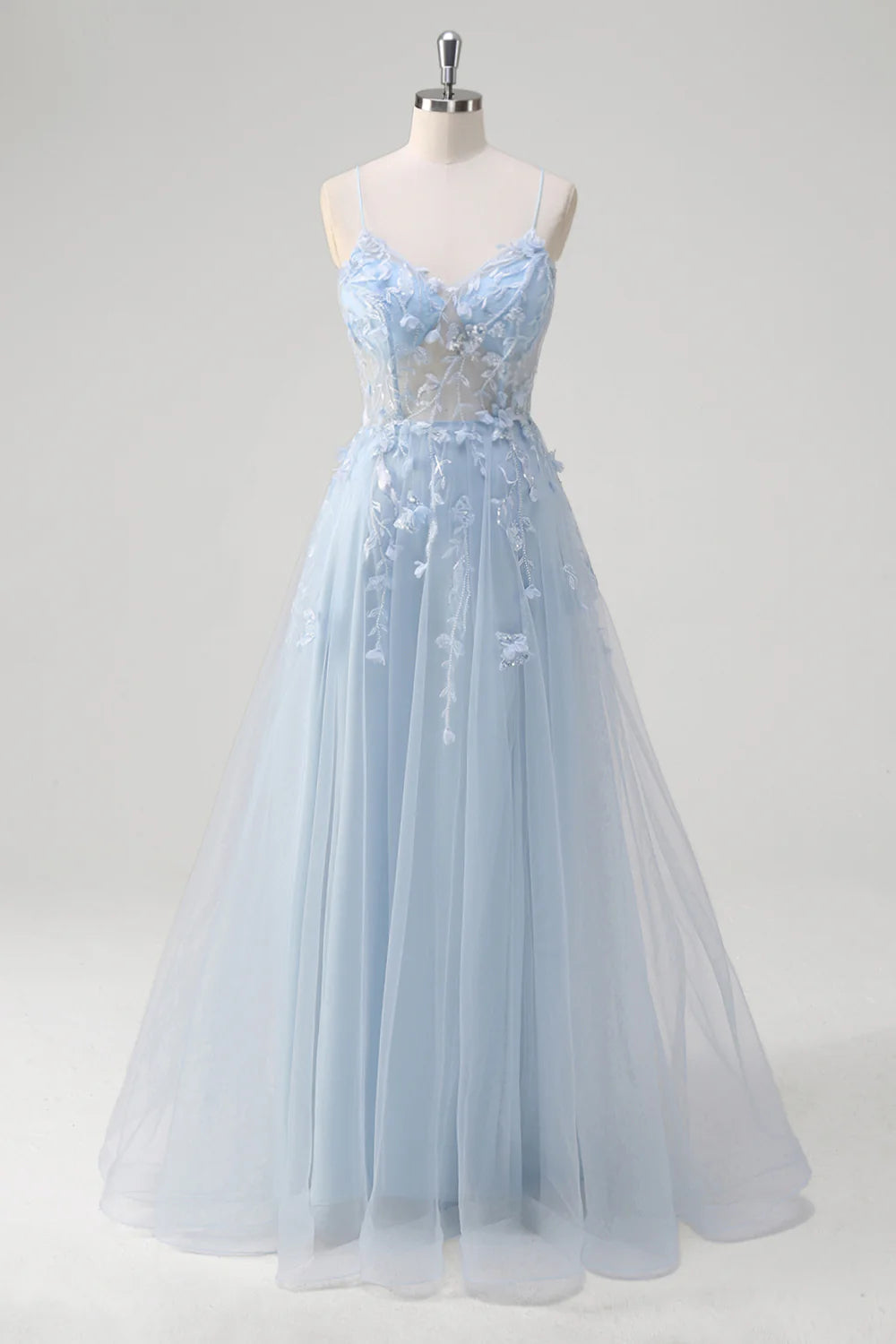 Blumen Blau A Linie Korsett Lange Abendkleid mit Applikationen
