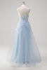 Laden Sie das Bild in den Galerie-Viewer, Blumen Blau A Linie Korsett Lange Abendkleid mit Applikationen