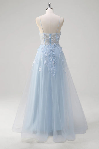 Blumen Blau A Linie Korsett Lange Abendkleid mit Applikationen