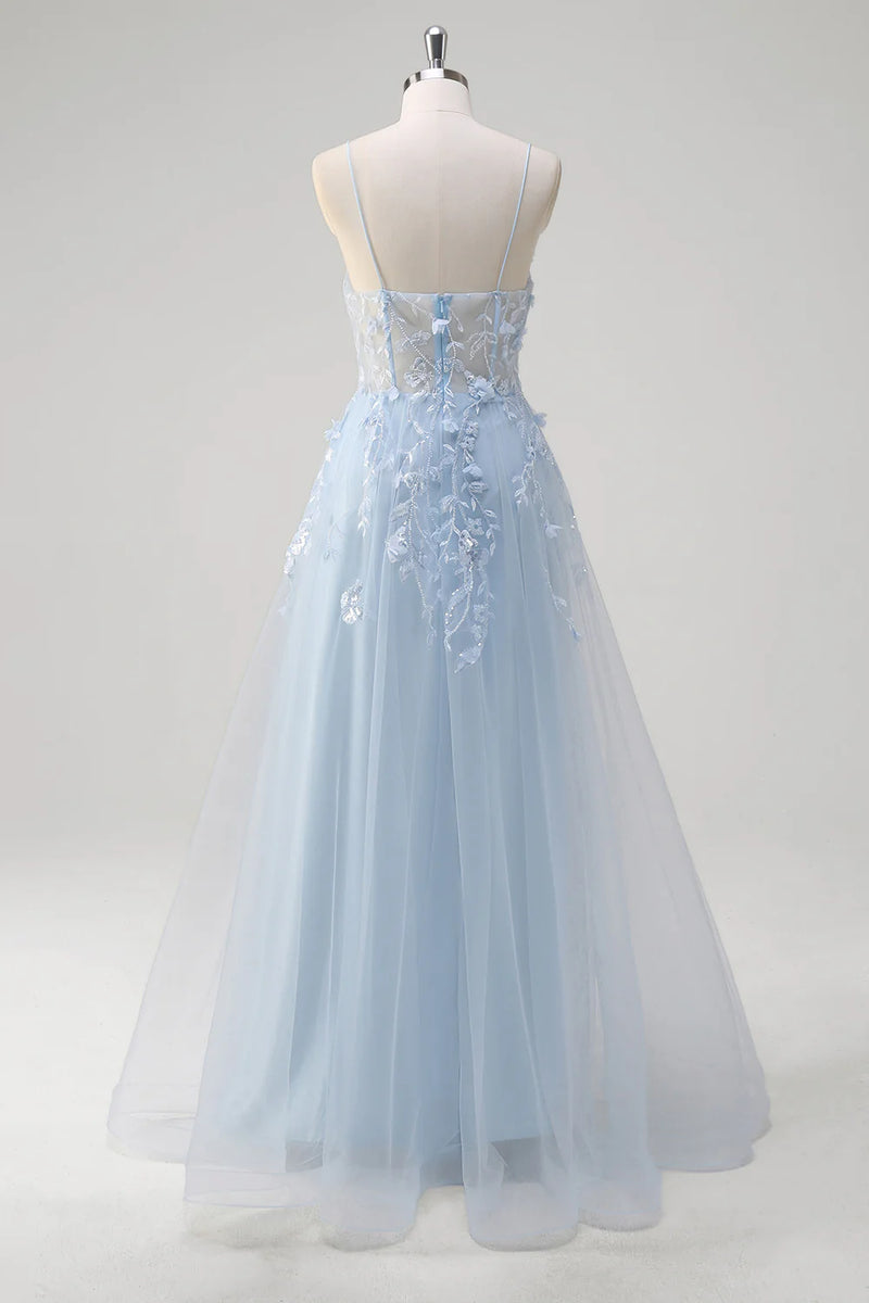Laden Sie das Bild in den Galerie-Viewer, Blumen Blau A Linie Korsett Lange Abendkleid mit Applikationen