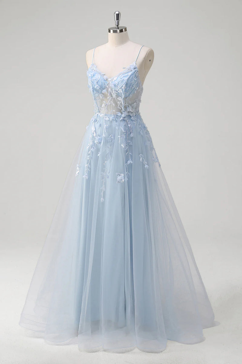 Laden Sie das Bild in den Galerie-Viewer, Blumen Blau A Linie Korsett Lange Abendkleid mit Applikationen