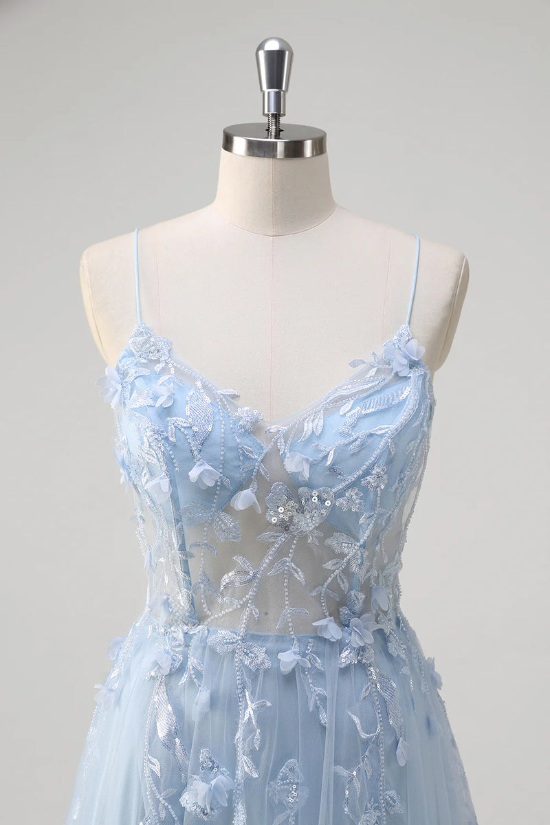 Laden Sie das Bild in den Galerie-Viewer, Blumen Blau A Linie Korsett Lange Abendkleid mit Applikationen
