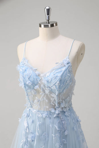 Blumen Blau A Linie Korsett Lange Abendkleid mit Applikationen