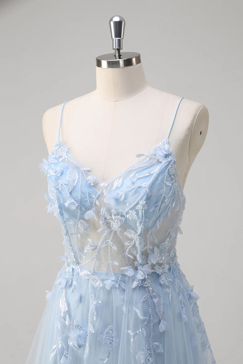 Laden Sie das Bild in den Galerie-Viewer, Blumen Blau A Linie Korsett Lange Abendkleid mit Applikationen