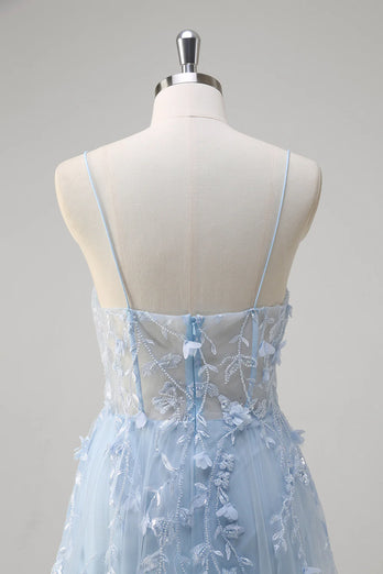 Blumen Blau A Linie Korsett Lange Abendkleid mit Applikationen