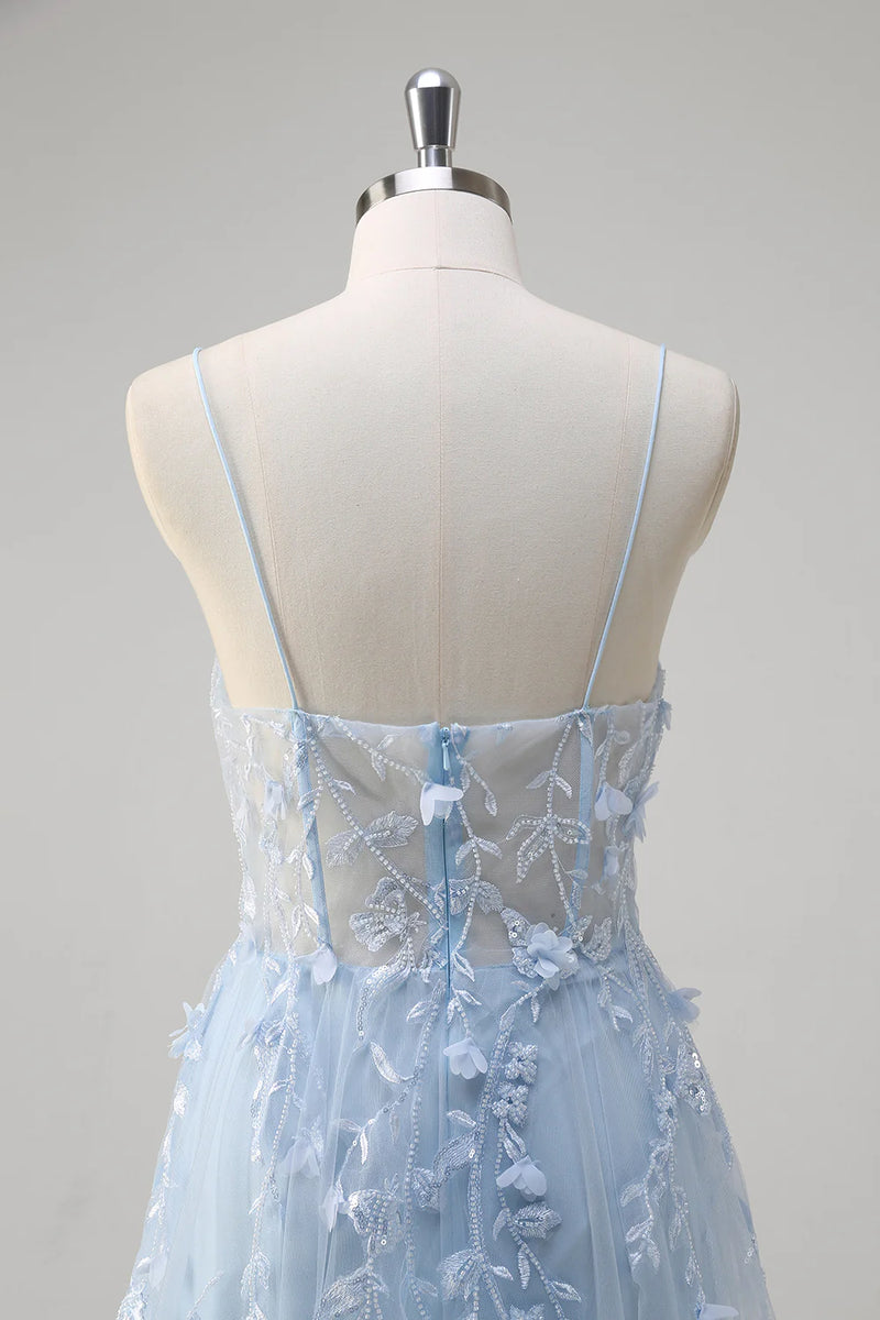 Laden Sie das Bild in den Galerie-Viewer, Blumen Blau A Linie Korsett Lange Abendkleid mit Applikationen
