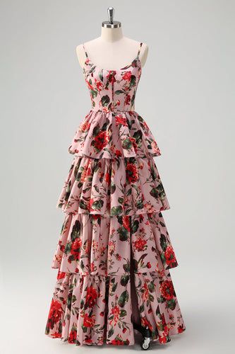 A Line Gestuftes Grau Rosa Spaghettiträger Blumen Langes Ballkleid