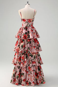 A Line Gestuftes Grau Rosa Spaghettiträger Blumen Langes Ballkleid