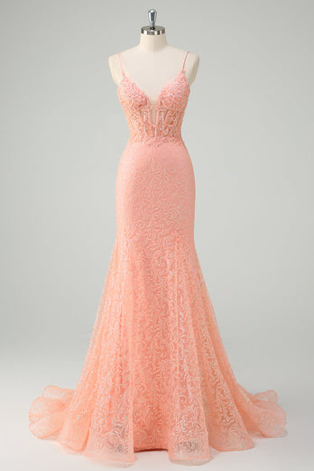 Orange Meerjungfrau Spaghettiträger Korsett Pailletten Langes Ballkleid