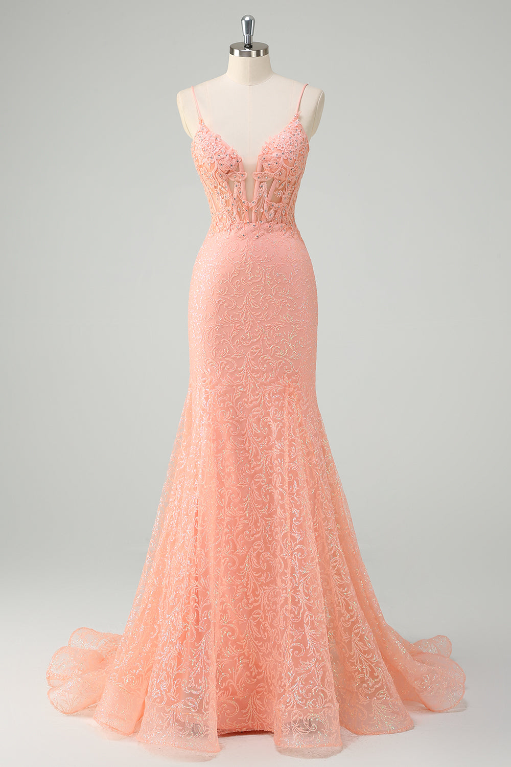 Orange Meerjungfrau Spaghettiträger Korsett Pailletten Langes Ballkleid