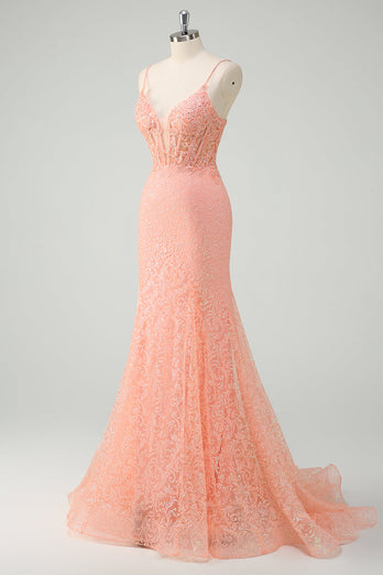 Orange Meerjungfrau Spaghettiträger Korsett Pailletten Langes Ballkleid
