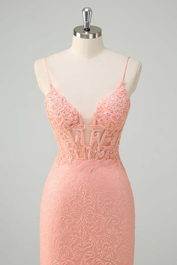 Orange Meerjungfrau Spaghettiträger Korsett Pailletten Langes Ballkleid