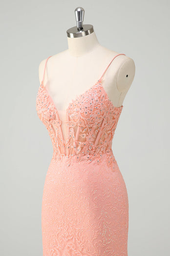 Orange Meerjungfrau Spaghettiträger Korsett Pailletten Langes Ballkleid