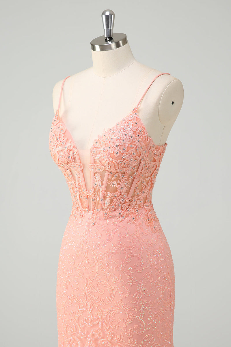 Laden Sie das Bild in den Galerie-Viewer, Orange Meerjungfrau Spaghettiträger Korsett Pailletten Langes Ballkleid