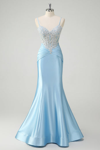Blaue Meerjungfrau Spaghettiträger Korsett Appliziertes Langes Ballkleid