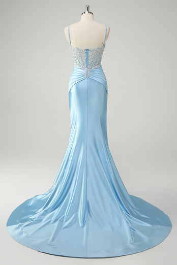 Blaue Meerjungfrau Spaghettiträger Korsett Appliziertes Langes Ballkleid