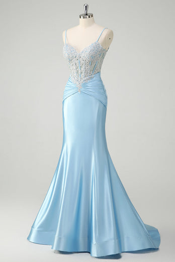 Blaue Meerjungfrau Spaghettiträger Korsett Appliziertes Langes Ballkleid