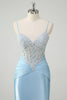 Laden Sie das Bild in den Galerie-Viewer, Blaue Meerjungfrau Spaghettiträger Korsett Appliziertes Langes Ballkleid