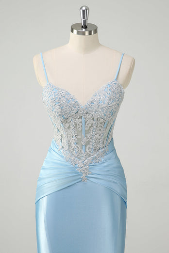 Blaue Meerjungfrau Spaghettiträger Korsett Appliziertes Langes Ballkleid