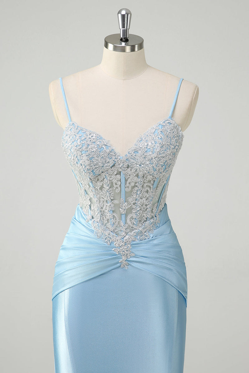Laden Sie das Bild in den Galerie-Viewer, Blaue Meerjungfrau Spaghettiträger Korsett Appliziertes Langes Ballkleid