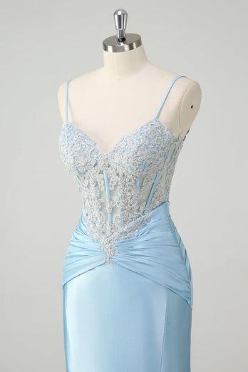 Blaue Meerjungfrau Spaghettiträger Korsett Appliziertes Langes Ballkleid