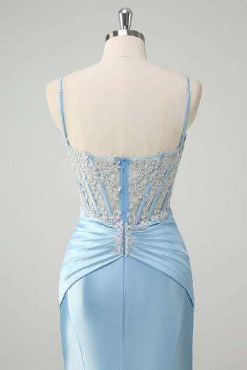 Blaue Meerjungfrau Spaghettiträger Korsett Appliziertes Langes Ballkleid