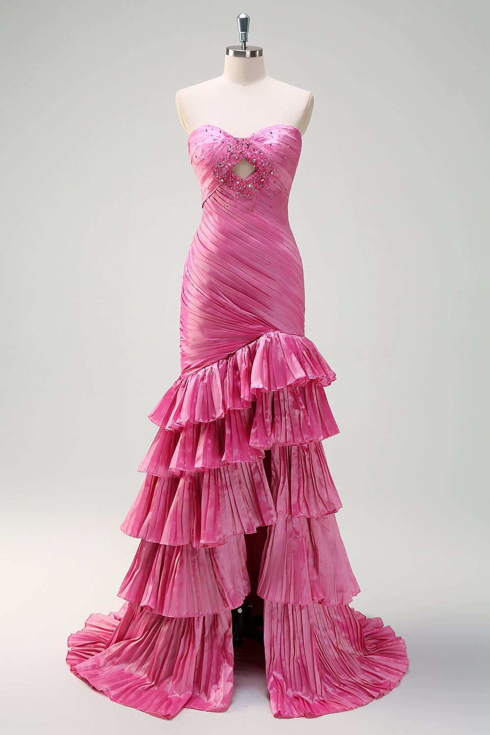 Glitzer Fuchsia Meerjungfrauen Trägerloses Perlen Langes Ballkleid mit Schlitz