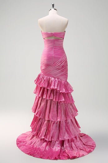 Glitzer Fuchsia Meerjungfrauen Trägerloses Perlen Langes Ballkleid mit Schlitz