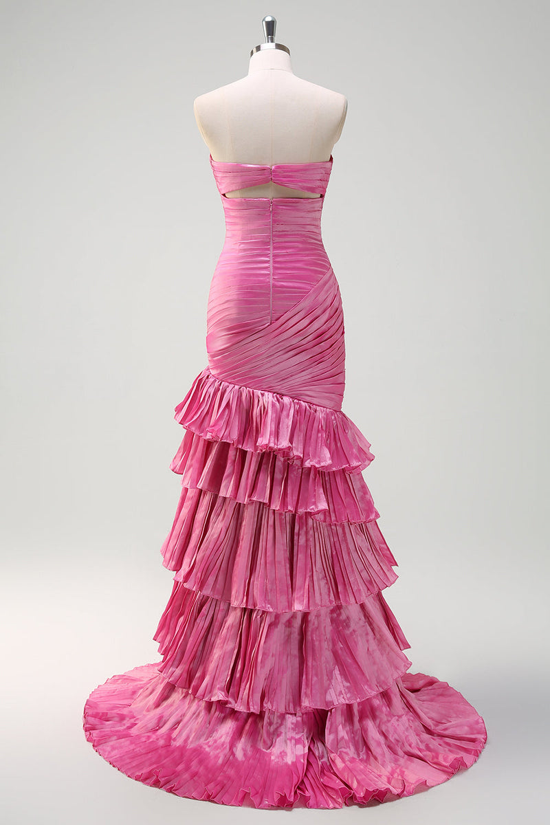 Laden Sie das Bild in den Galerie-Viewer, Glitzer Fuchsia Meerjungfrauen Trägerloses Perlen Langes Ballkleid mit Schlitz