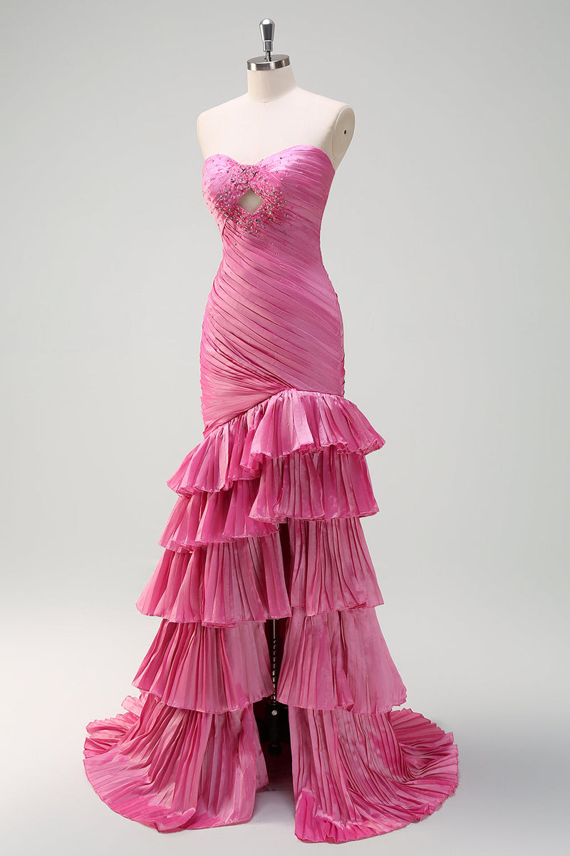 Laden Sie das Bild in den Galerie-Viewer, Glitzer Fuchsia Meerjungfrauen Trägerloses Perlen Langes Ballkleid mit Schlitz