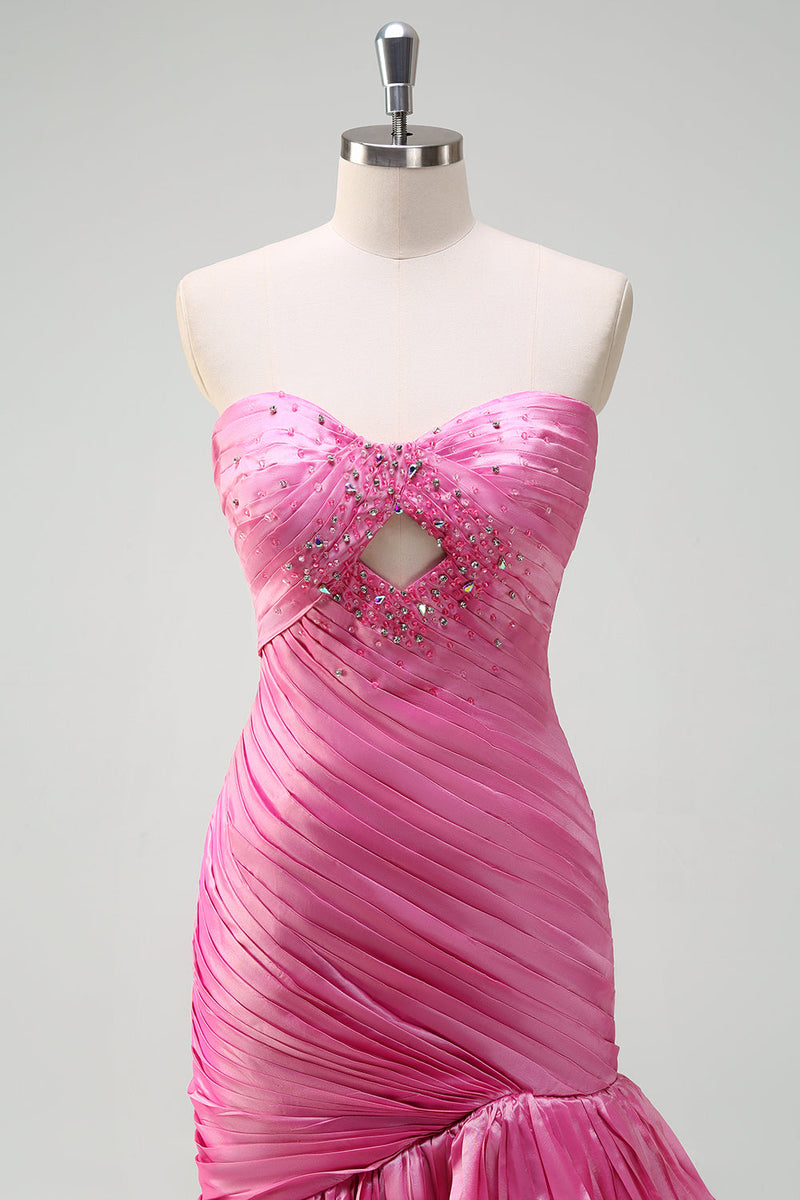 Laden Sie das Bild in den Galerie-Viewer, Glitzer Fuchsia Meerjungfrauen Trägerloses Perlen Langes Ballkleid mit Schlitz