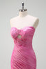 Laden Sie das Bild in den Galerie-Viewer, Glitzer Fuchsia Meerjungfrauen Trägerloses Perlen Langes Ballkleid mit Schlitz