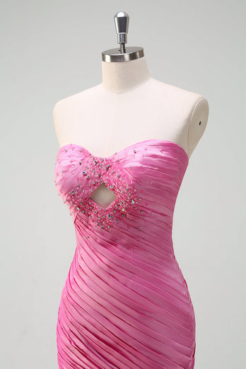 Glitzer Fuchsia Meerjungfrauen Trägerloses Perlen Langes Ballkleid mit Schlitz