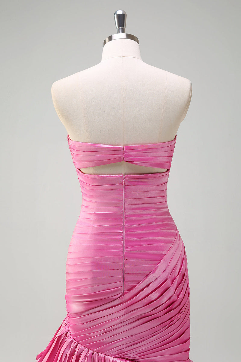 Laden Sie das Bild in den Galerie-Viewer, Glitzer Fuchsia Meerjungfrauen Trägerloses Perlen Langes Ballkleid mit Schlitz