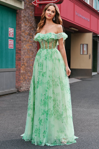 Grün A Linien Schulterfreies Langes Korsett Langes Ballkleid