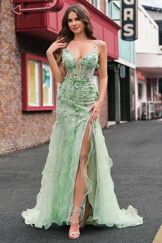 Grün Meerjungfrau Spaghettiträger 3D Blumen Korsett Langes Ballkleid mit Schlitz